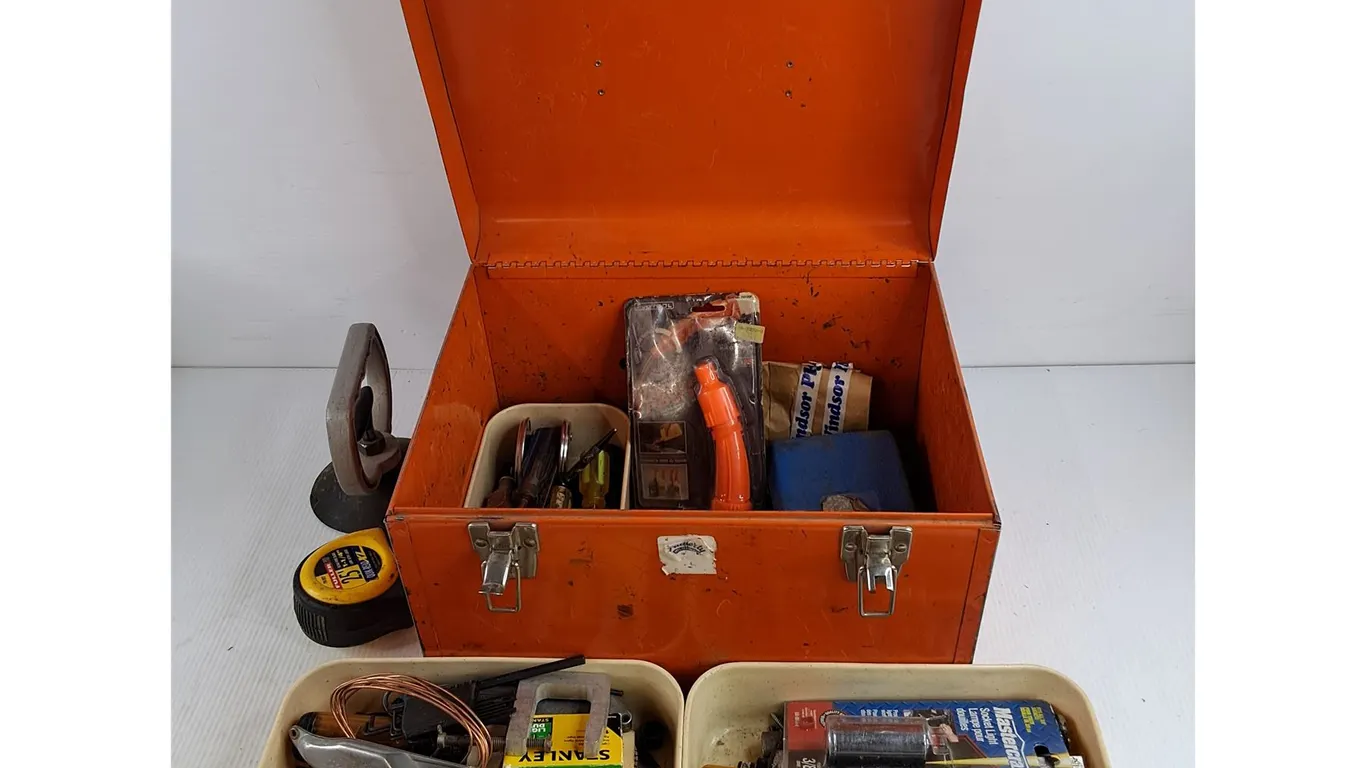 Metal Tool Box, Measuring Tape, Suction Cup, Screwdrivers, On/Off Spout, Misc