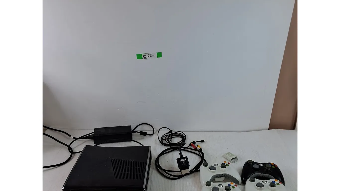 XBOX 360 S Powers On with Power Supply, AV Cable, (4) Controllers Untested As-Is