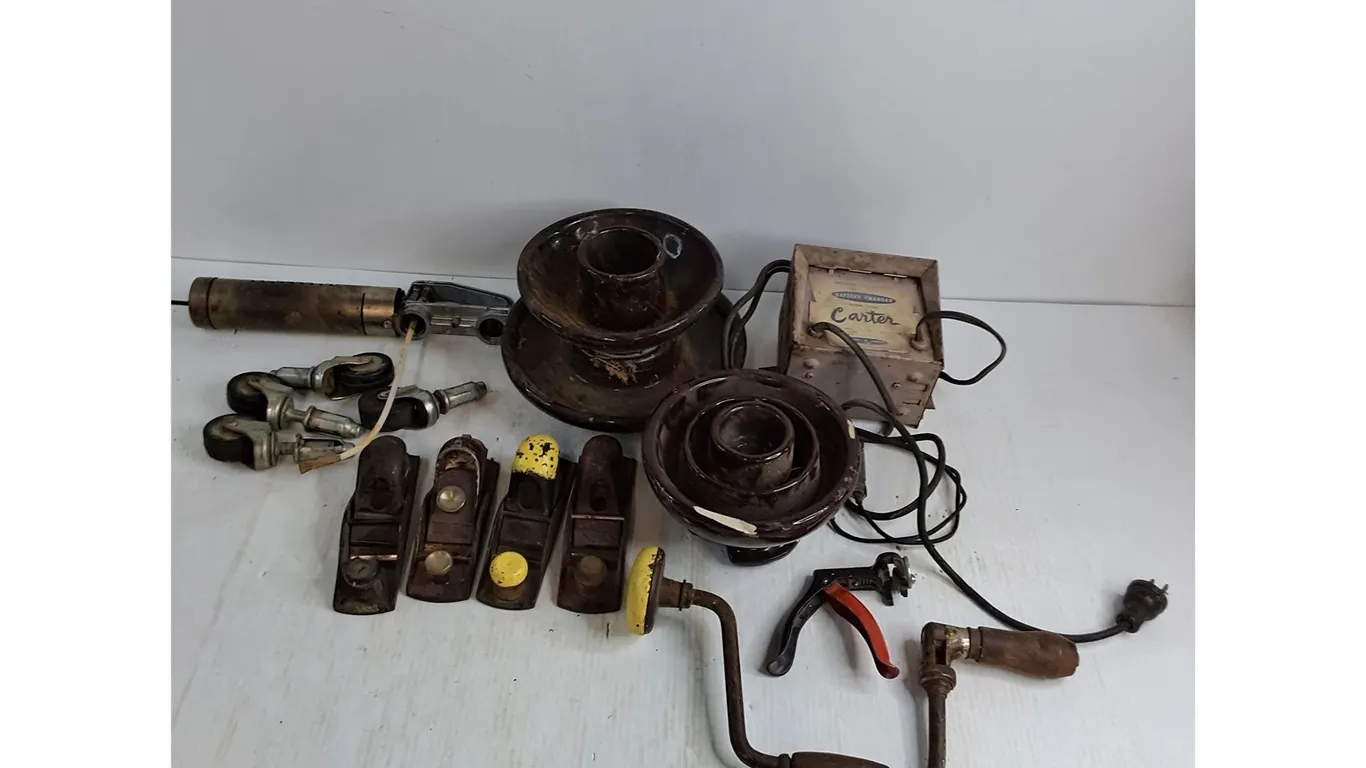 Vintage Ceramic Light Fixtures, Planers, Speed Wrench, Battery Charger, Casters, Misc.