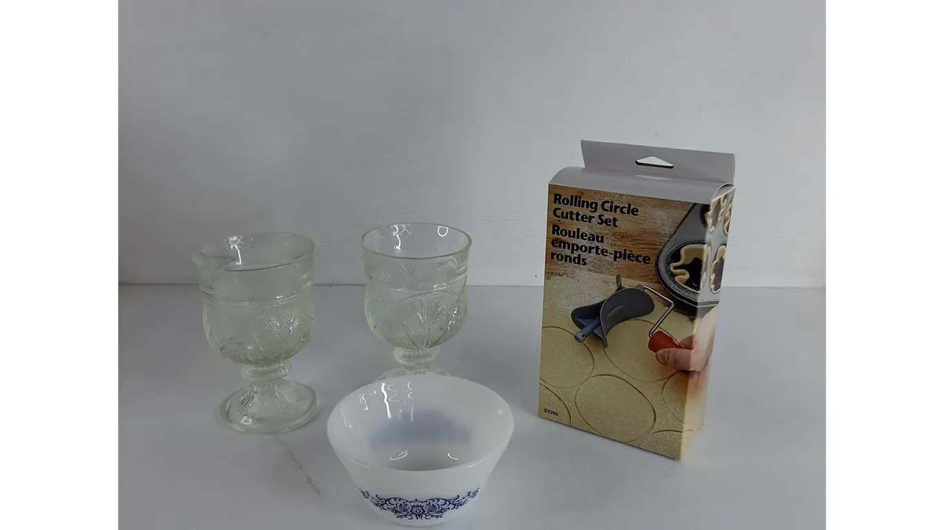 (1) Crystal Bowl with Floral Details, (2) Glasses, Rolling Circle Cutter Set