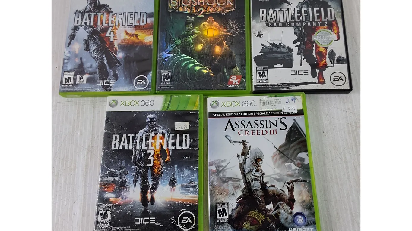 (5) XBOX 360 Games, Battlefield, Bioshock 2, Assassin's Creed 3