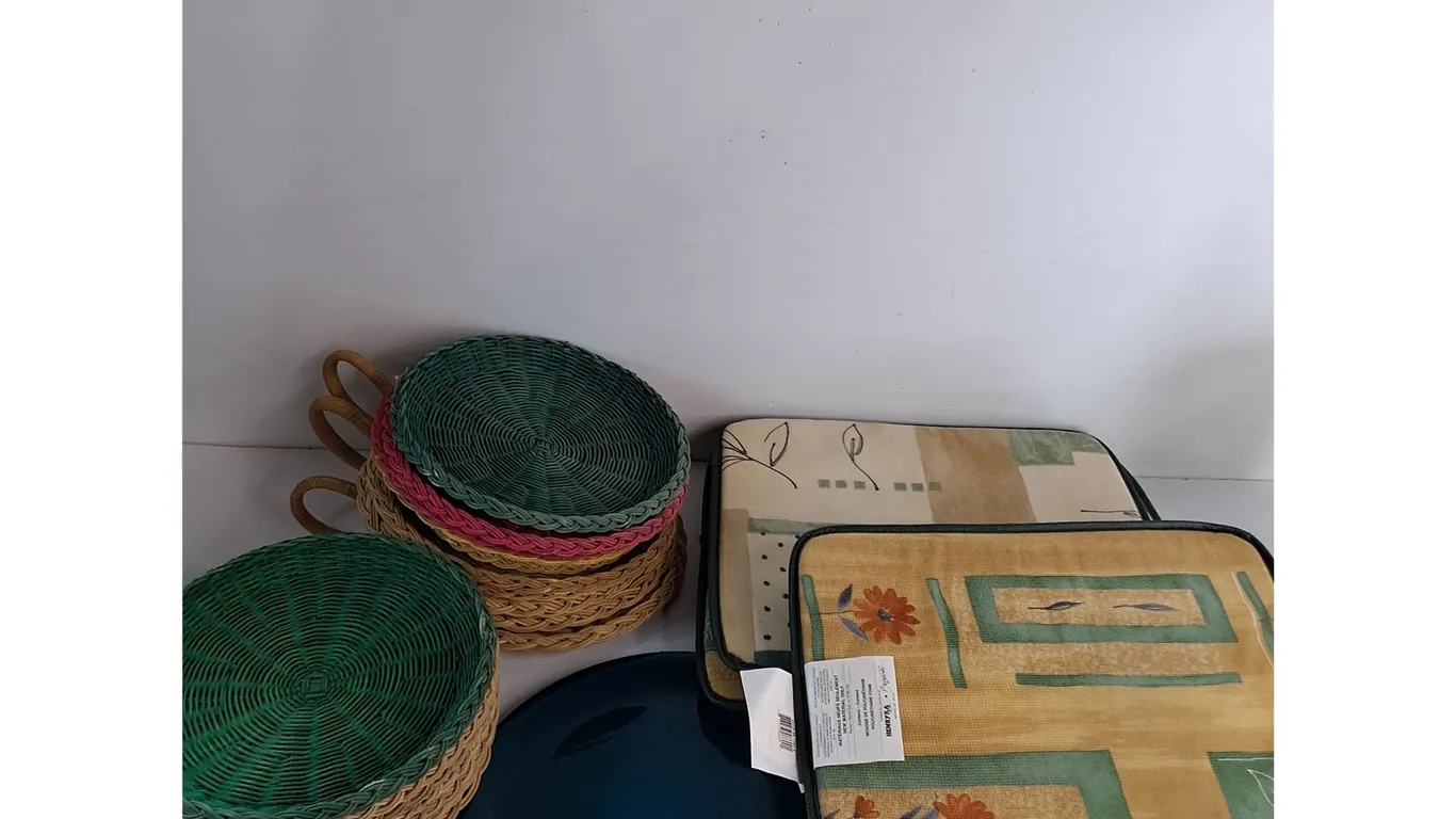 Wicker Plates, Wooden Tray, Seat Cushions