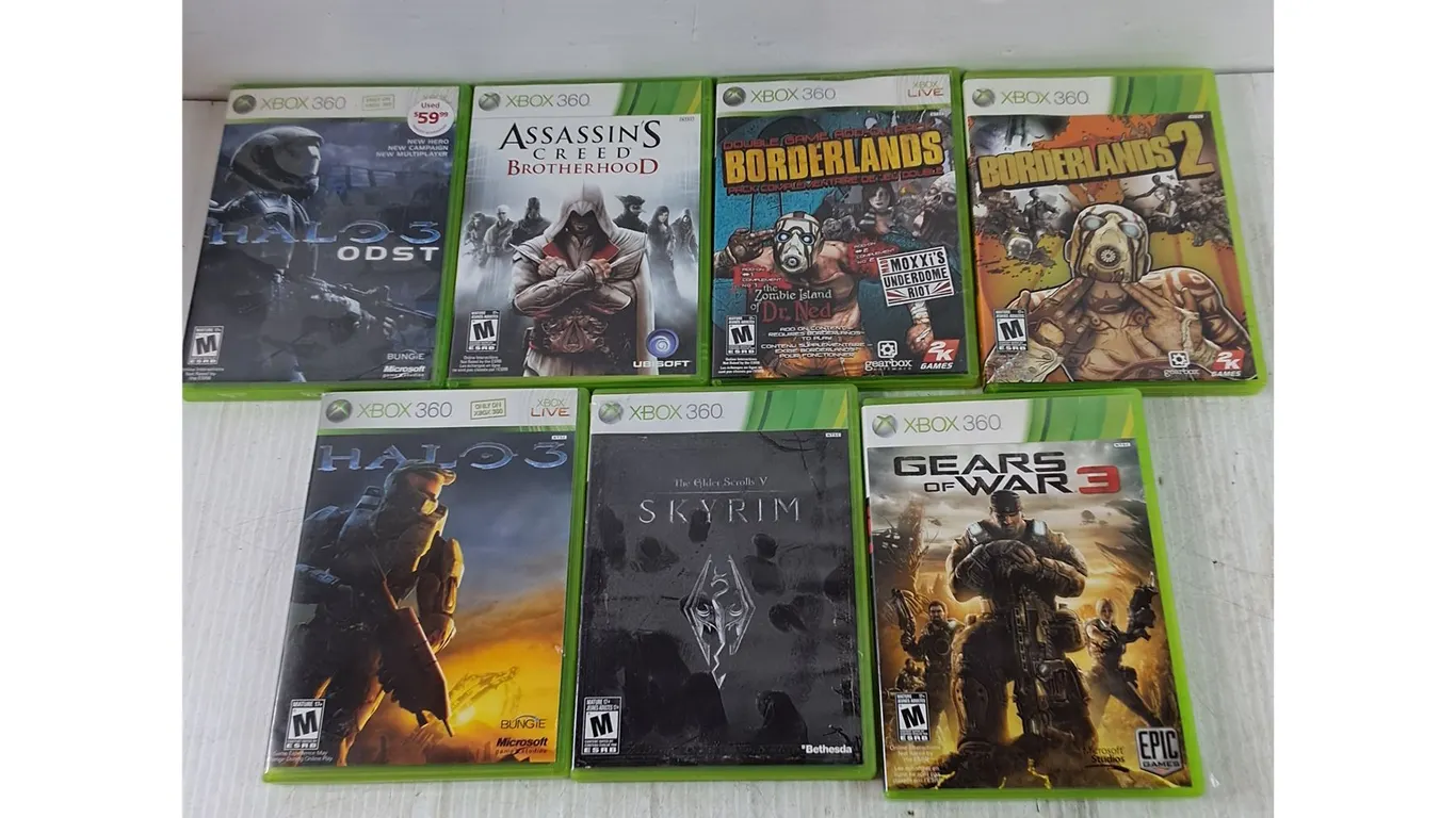 (7) XBOX 360 Games, Halo, TES5 Skyrim, Gears of War, Assassin's Creed, Borderlands