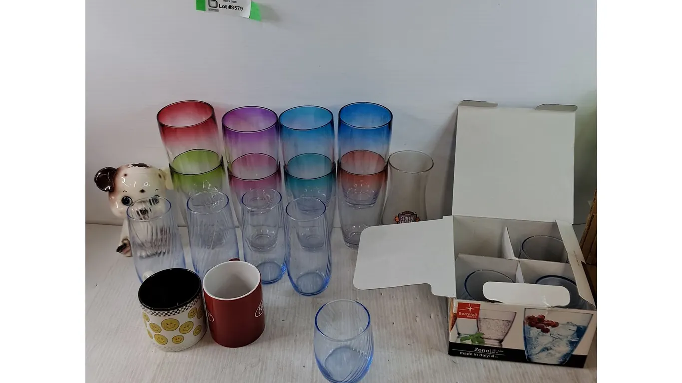Porcelain Dog, (8) Plastic cups, (8) Glass Cups, (2) Coffee Mugs, Red Lobster Cup