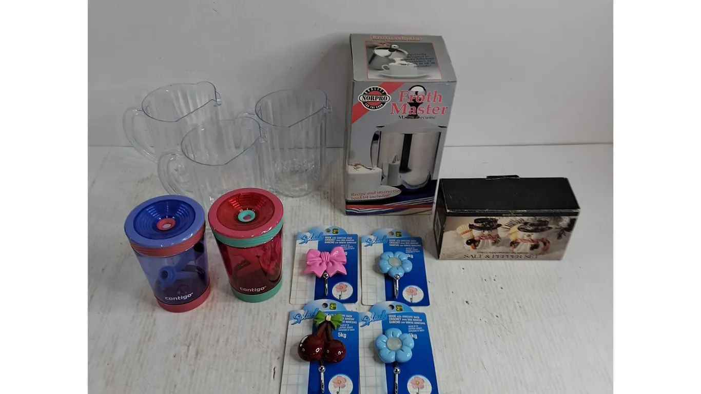Norpro Froth Master, Contigo Cups, Pitchers, New Adhesive Hooks, Snowman Salt & Pepper Shakers