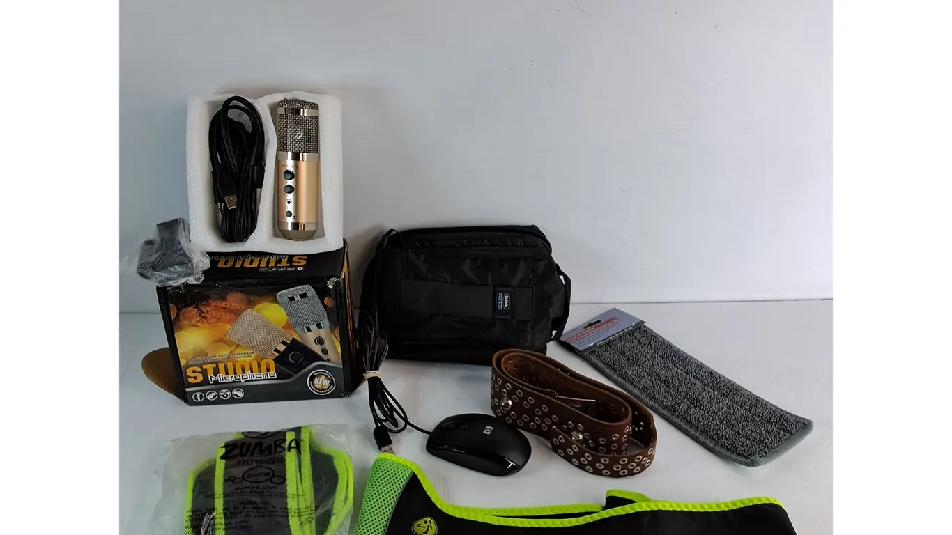 Studio Microphone Appears NIB, (2) Zumba Waist Belts, HP Mouse, Toiletries Bag, Misc