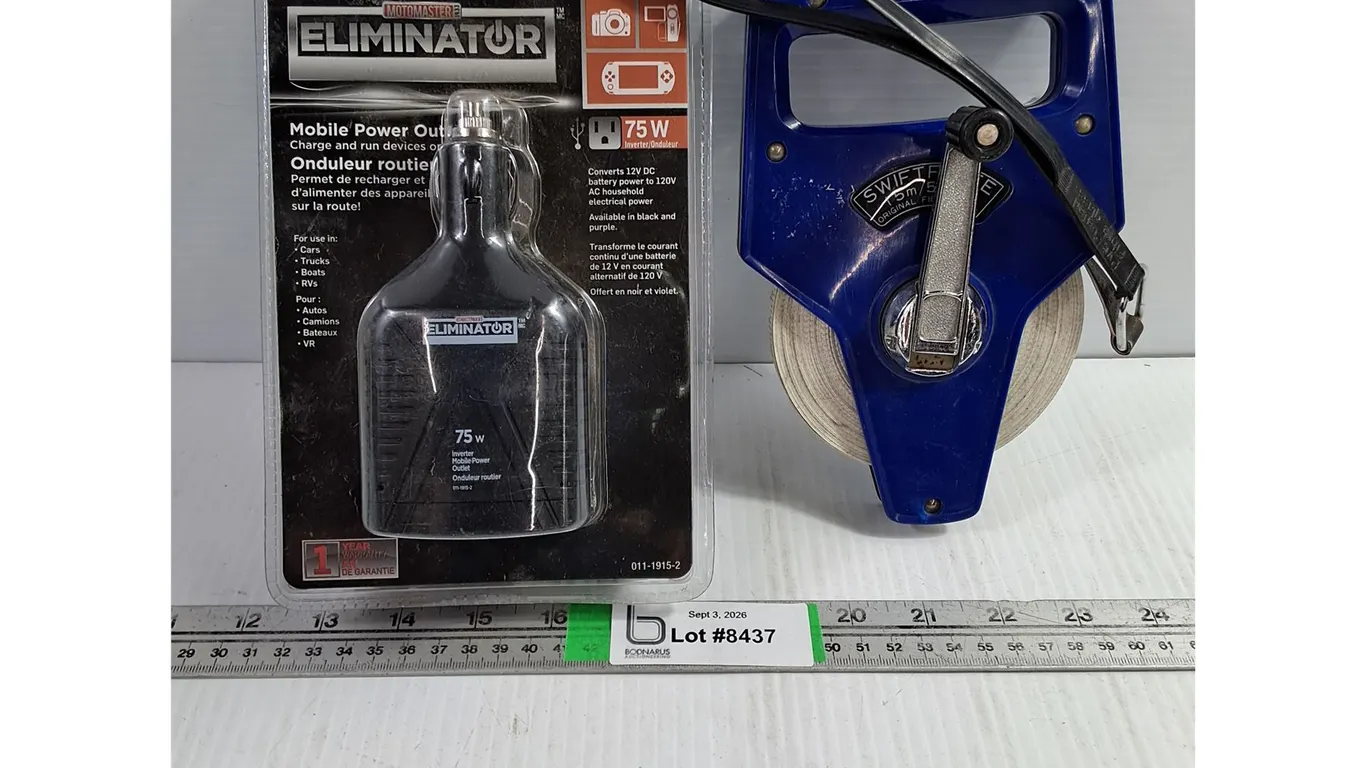 Motomaster Mobile Power Outlet (sealed) and 50 ft. Fibreglass Measuring Tape