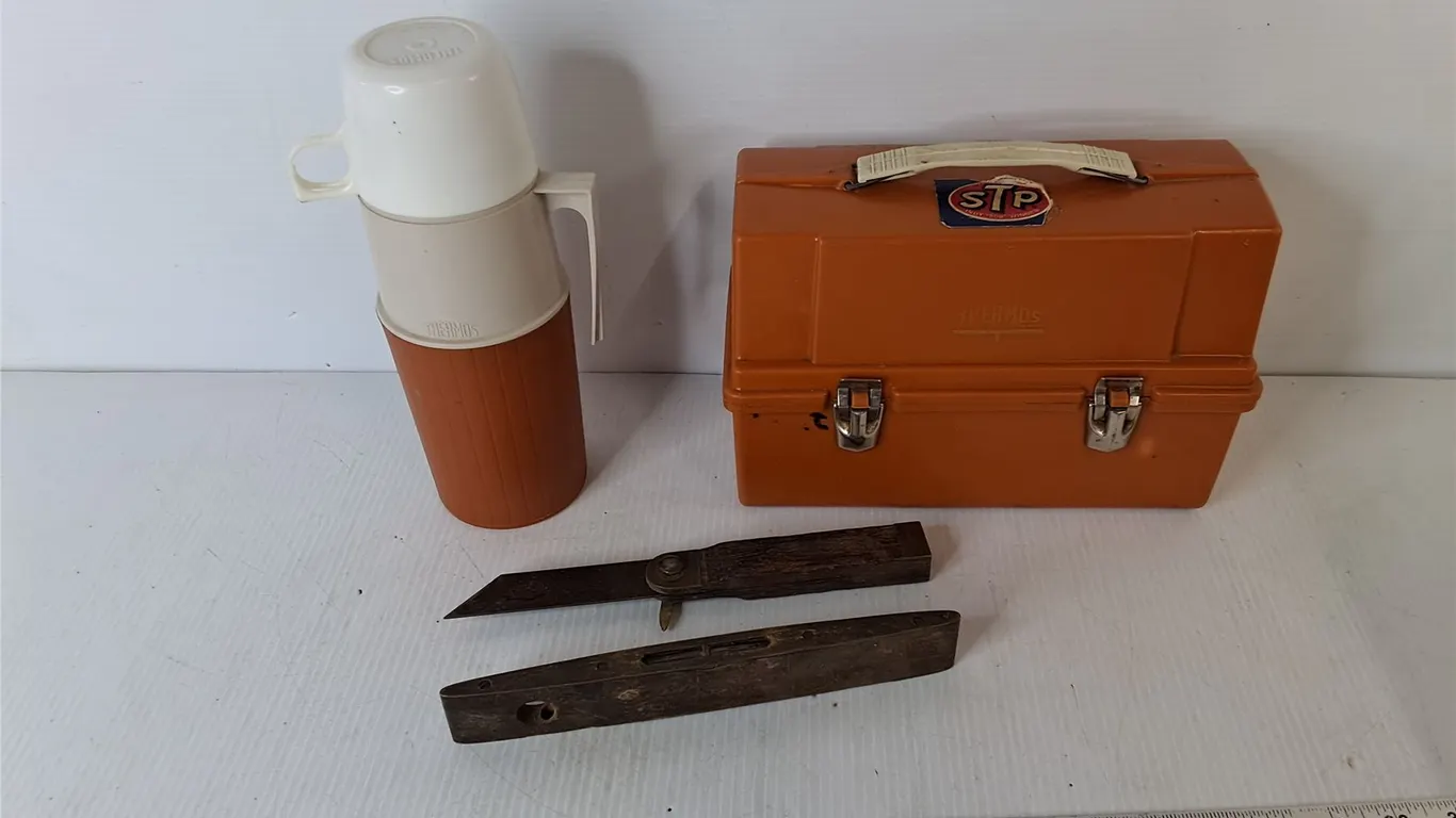 Vintage Thermos Bottle, Lunchbox, Angle Transfer Tool & Level