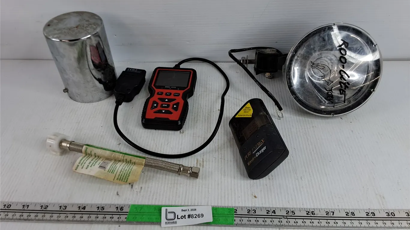 OBDII Scanner - As Is, Headlamp, Battery Charger, Plumbing Hose, Misc