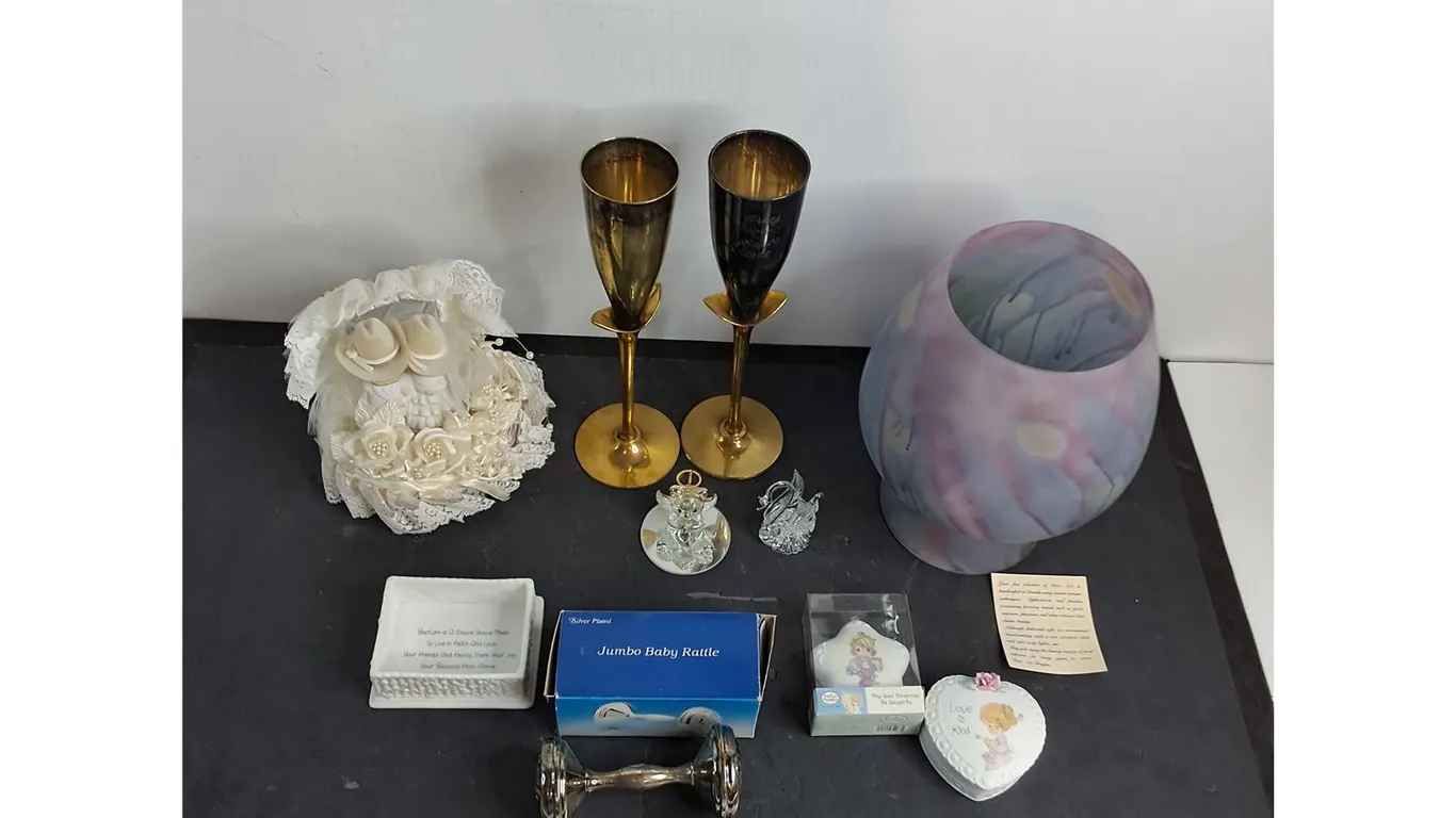 Assorted Porcelain, Crystal, Glass & Brass Ornaments