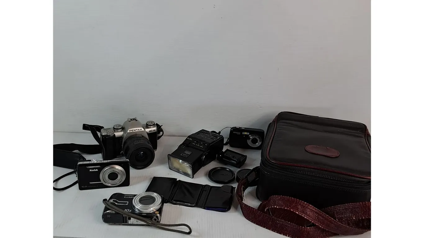 Assorted Cameras, Camera Flash, Camera Bag - As Is