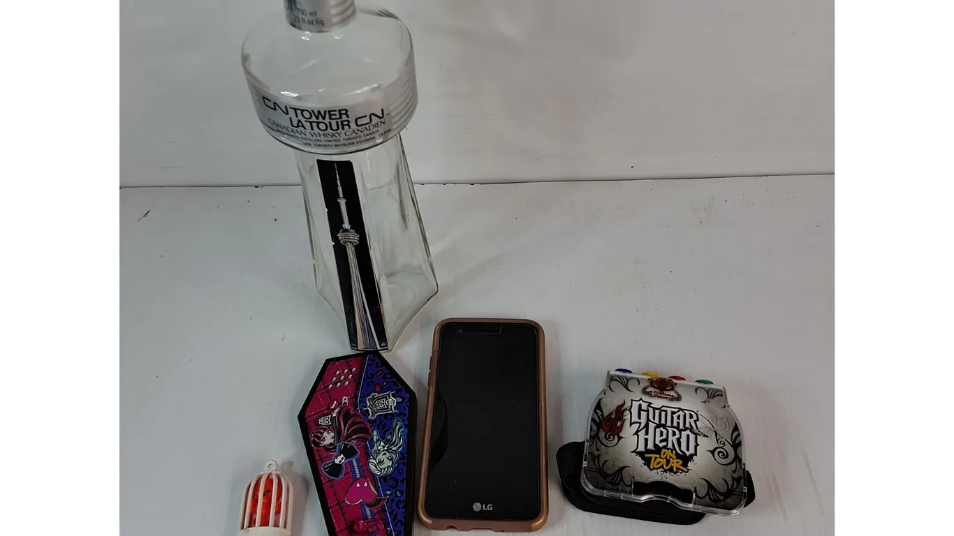 CN Tower Liquor Bottle EMPTY, LG Phone As Is, Guitar Hero Guitar Grip