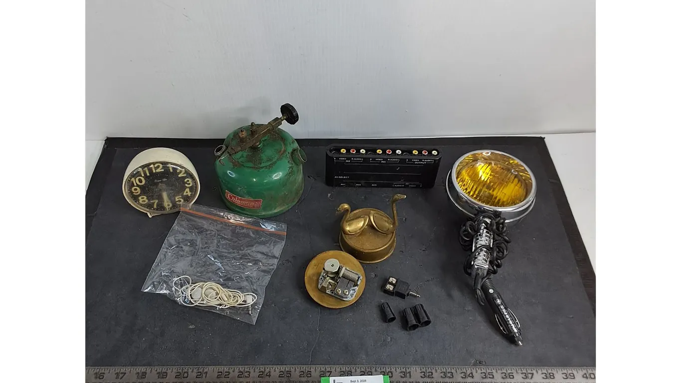 Emergency Road Light, Coleman Lantern Base, Alarm Clock, Brass Ornament, Misc.