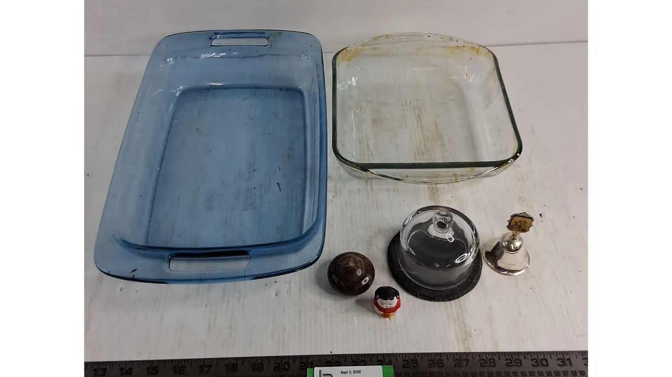 (2) Glass Bake Pans, Granite Cheese Display, Stoneware Container, Dinner Bell, Ornament