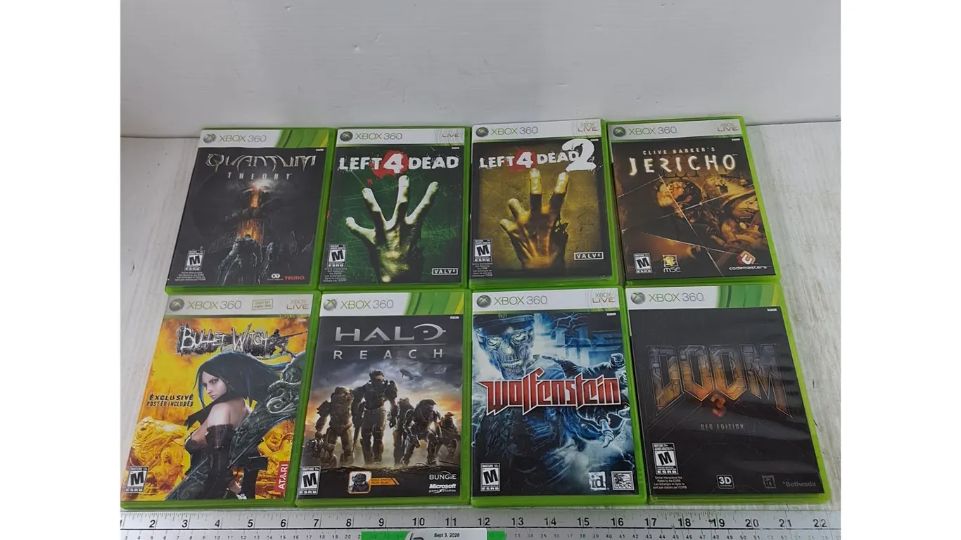 (8) XBOX 360 Games, Left 4 Dead, Wolfenstein 2009, Doom 3 BFG, Halo Reach, Bullet Witch, Jericho