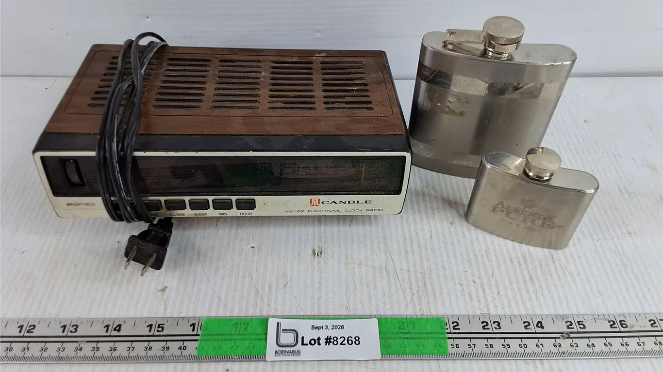 Candle AM/FM Electronic Clock Radio - Powers On, As Is, Liquor Flasks
