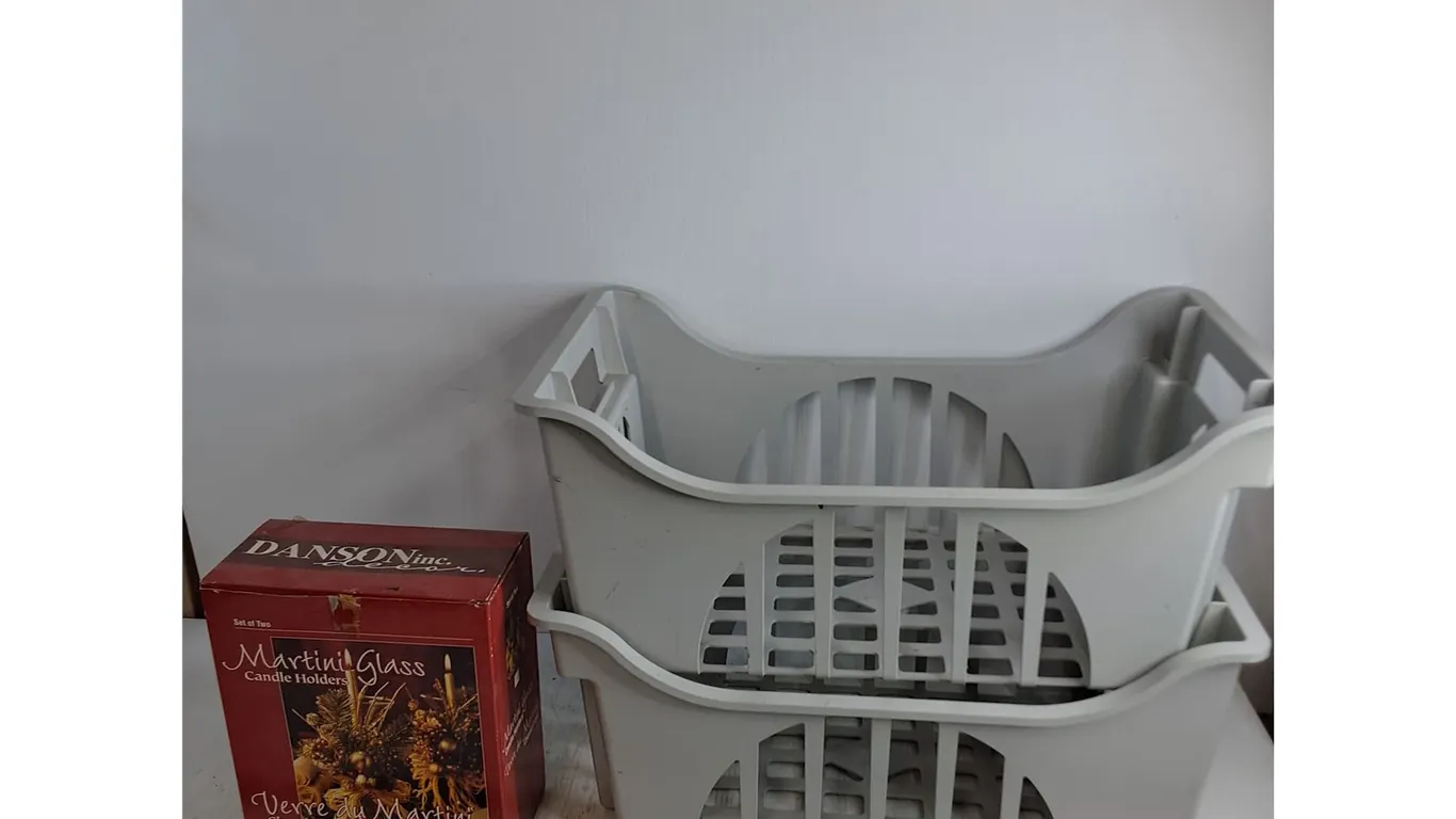(2) Plastic Bins - 10x22x12", Danson Martini Glass Candle Holders - Appear Unused