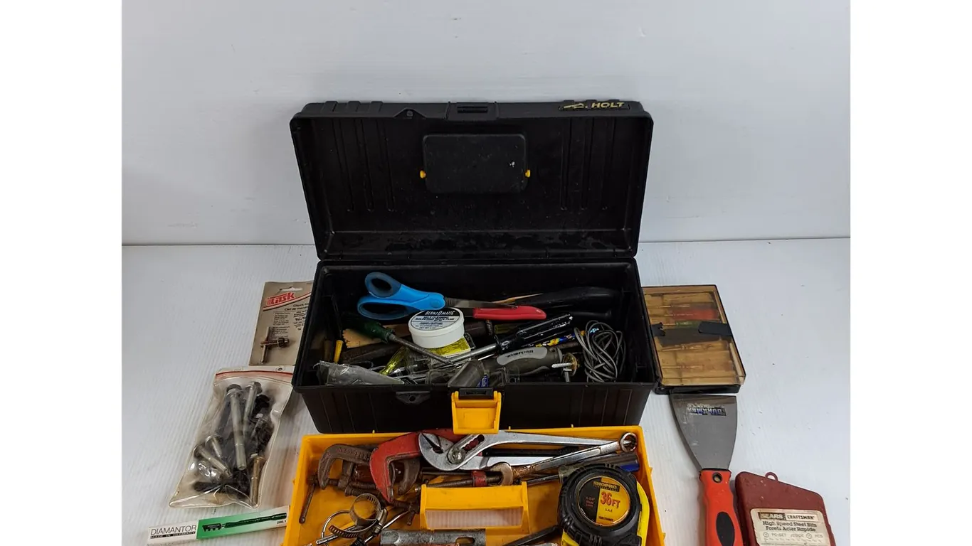 Plastic Tool Box, C Clamps, Putty Knife, Scissors, Chuck Key, Bolts, Measuring Tape, Misc