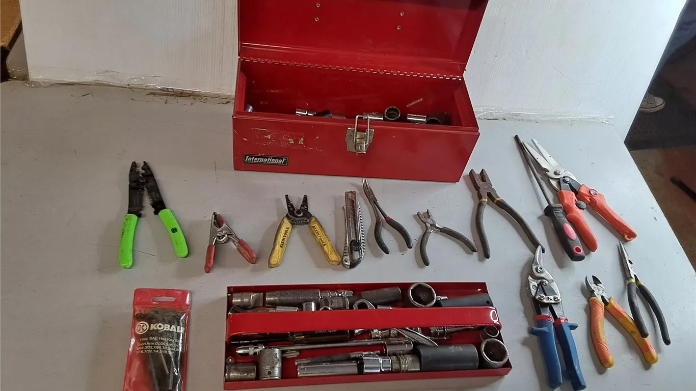 International Tool Box & Contents- Hex Key Set, Wire Stripper/Crimper, Pliers, Misc.