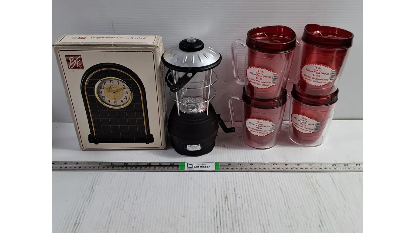Quartz Clock(works),Wind-Up Camping Lantern,(4) Hot/Cold Mugs