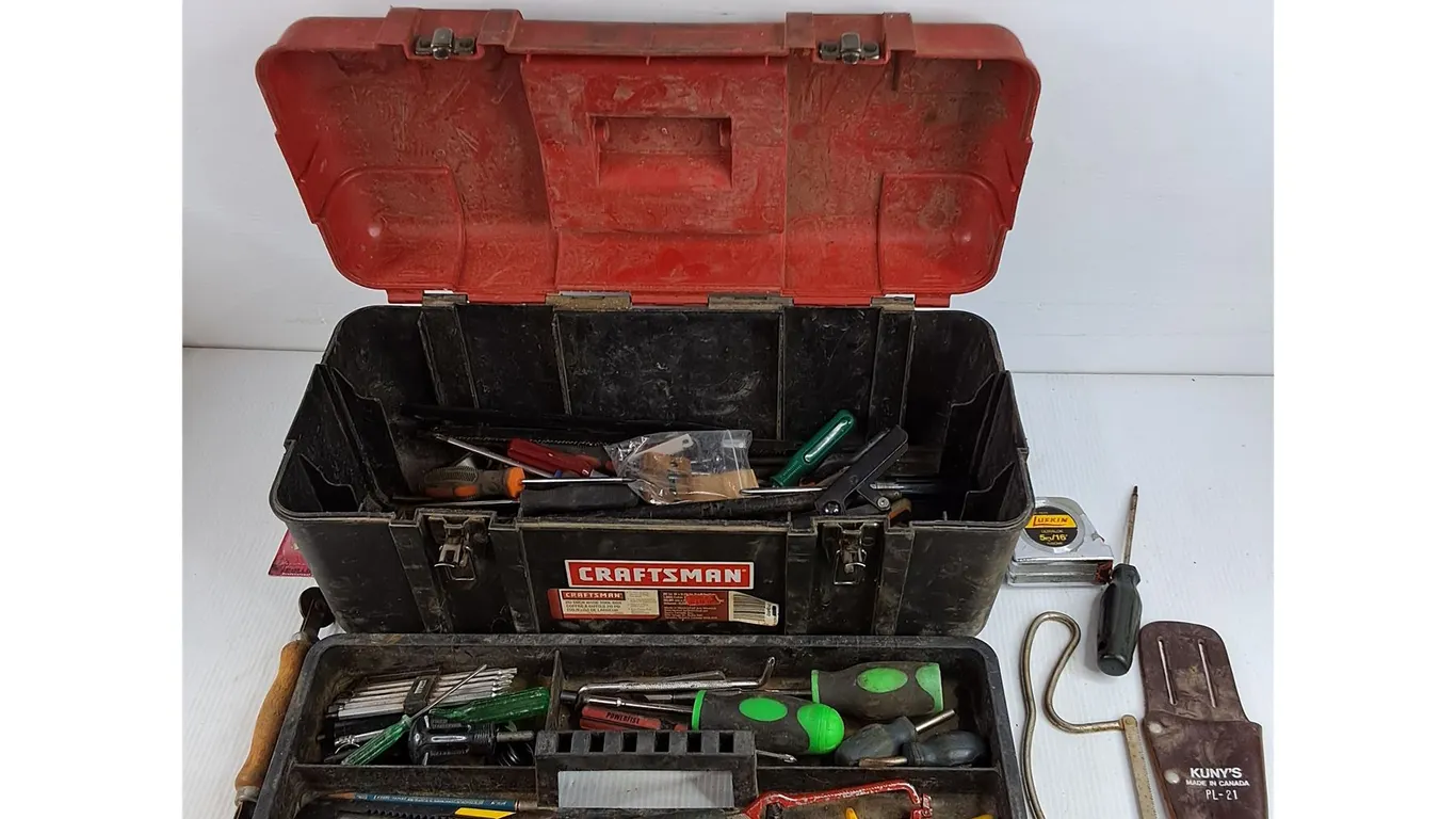 Craftsman Tool Box, Bits, Screwdrivers, Saw, Needle Nose Pliers, Misc