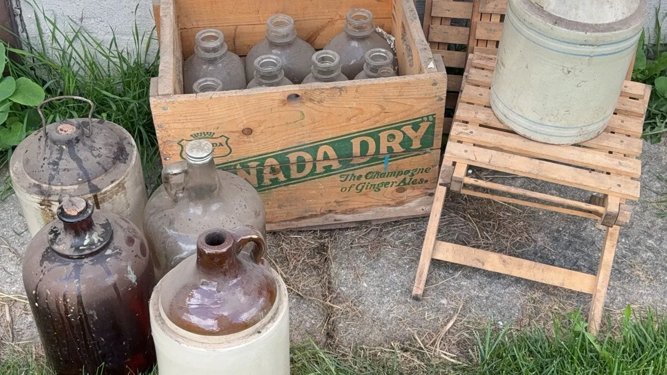 Stoneware Jugs and Glass Bottles with Canada Dry Wooden Crate, Folding Slat Stools