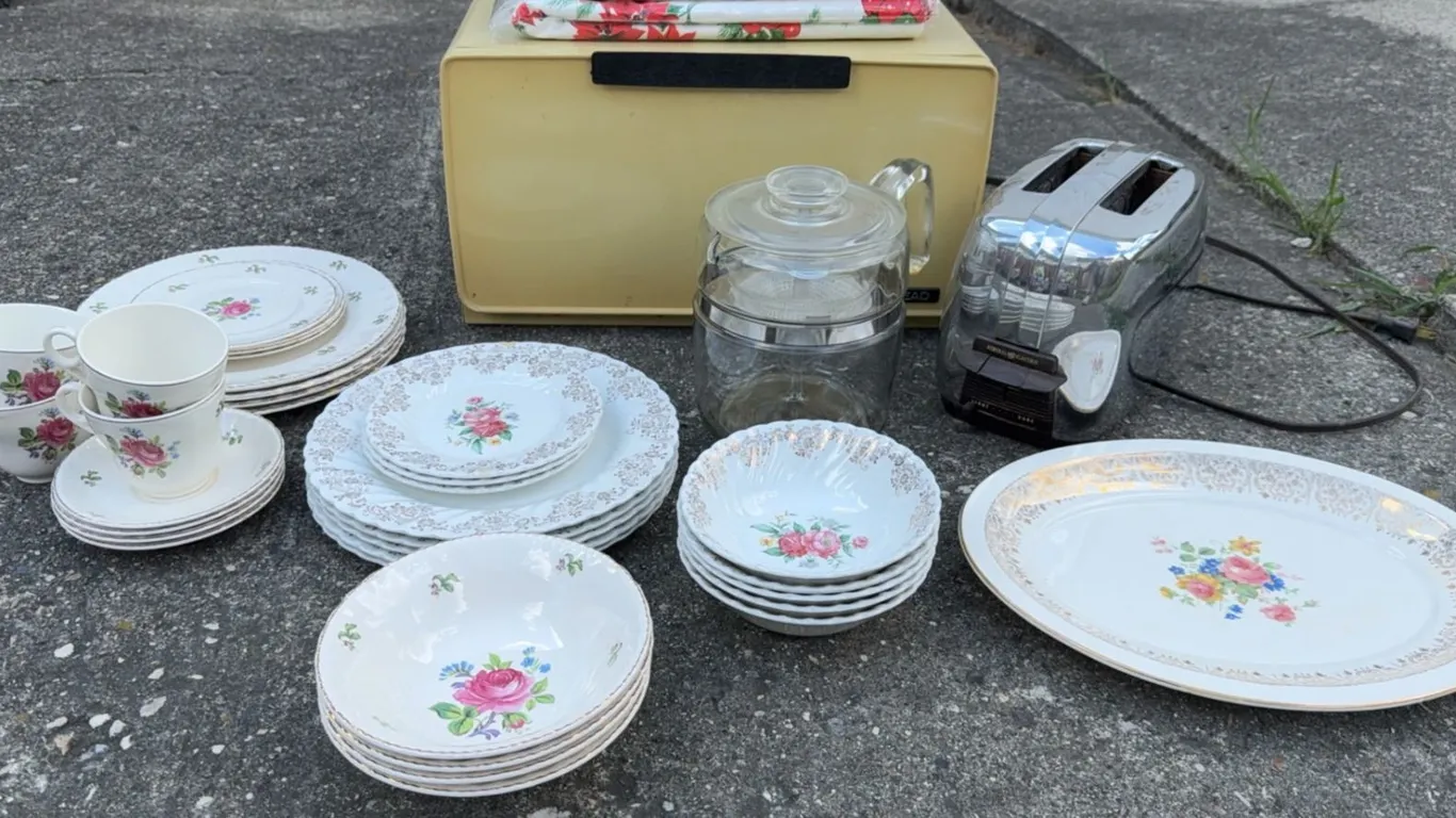 Dresden Floral Dish Set, Vintage GE Toaster, Pyrex Glass Percolator, Breadbox