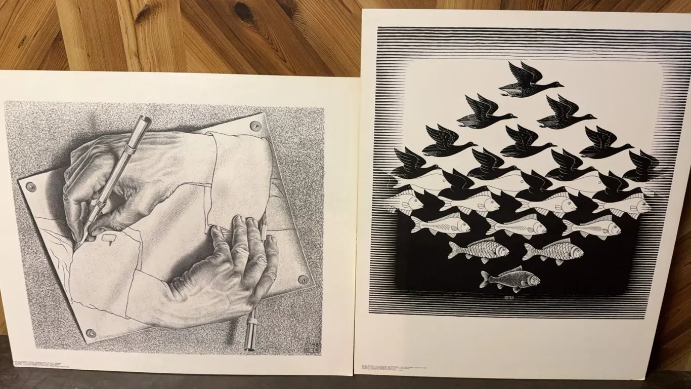 M.C. Escher Prints on Foamboard, Drawing Hands and Sky and Water, 25x22 in