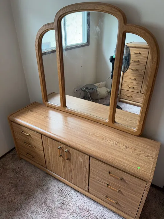 Palliser Dresser With Attached Mirror, Drawers and Cabinet.