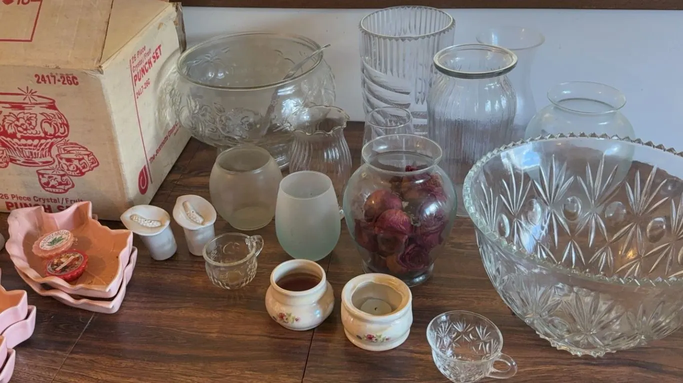 Punchbowl Set, Glass Flower Vases and Other Decor