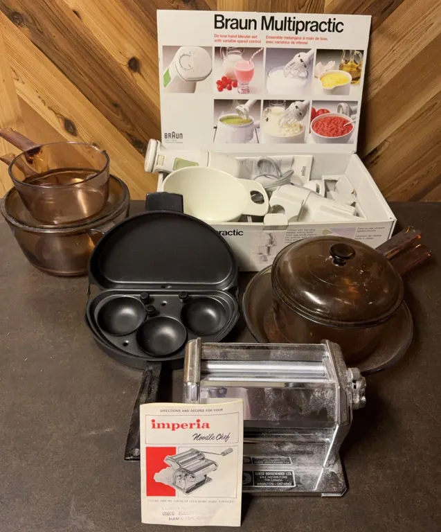 Braun Multipractic Hand Blender, Imperia Pasta Maker, Visions Glass Cookware