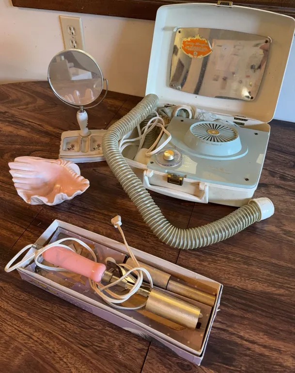 Vintage Beauty: General Electric Portable Hair Dryer, Vanity Mirror, Curling Iron Set