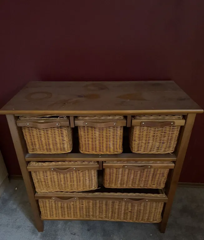 Wood Cabinet with Six Wicker Basket Drawers