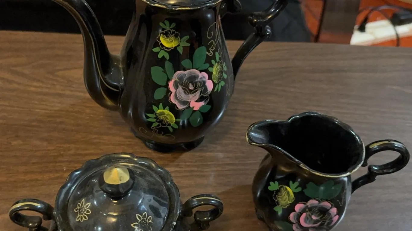 Japanese Black Porcelain 3 Piece Tea Set with Handpainted Floral Design