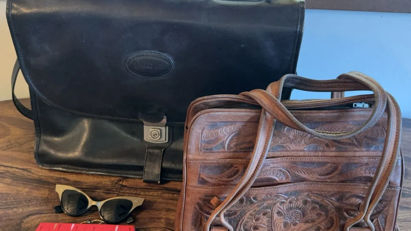 Bugatti Black Leather Briefcase, Tooled Leather Bag, Sunglasses w/ Case