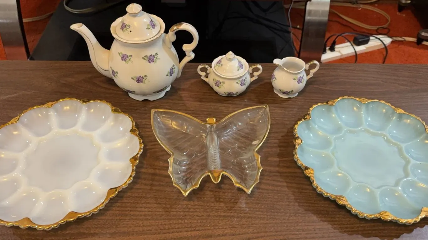 Milk Glass Dishes and RSW Japan Tea Set, 7 Pieces