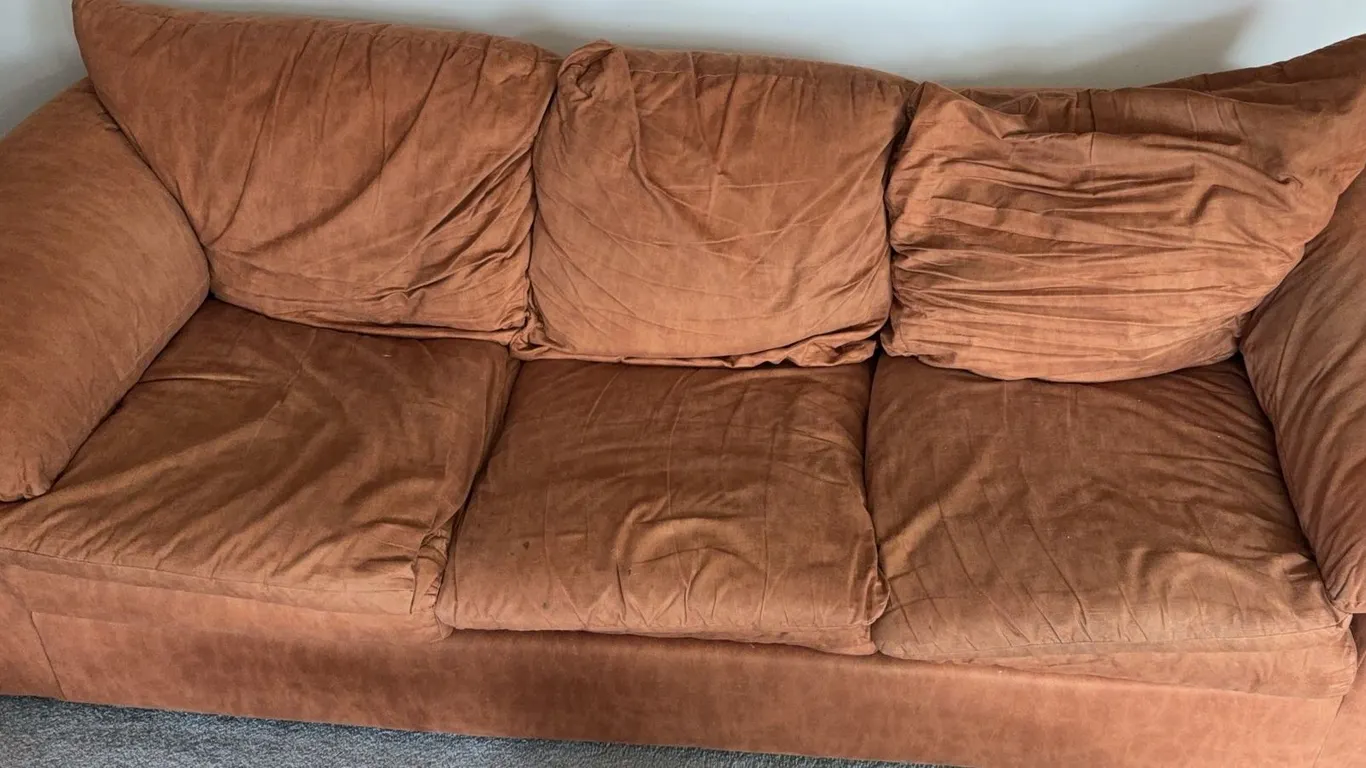 Set 3 Brown Fabric Couches Including Large Sofa, 100" Wide- See All Photos