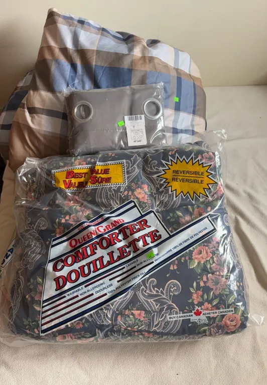 Queen Size Reversible Comforter and Nicetown 42x45" Grey Pair of Curtain Panels