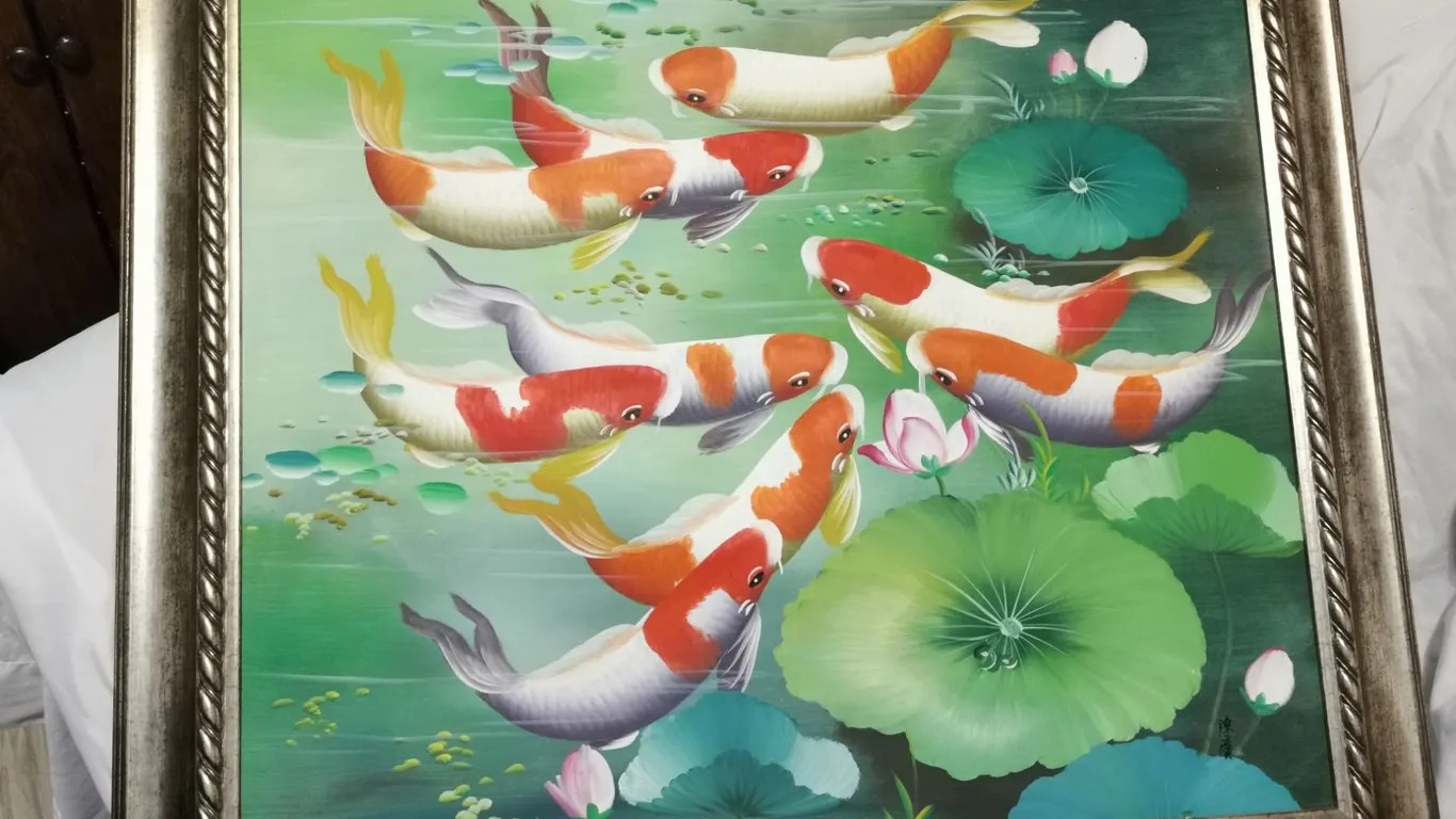 Framed Koi Fish Oil Painting, 25x29”