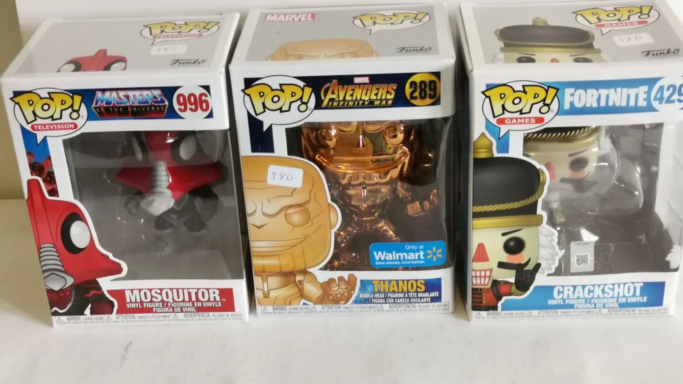 Mosquitor (MotU), Gold Chrome Thanos (Avengers), Crackshot (Fortnite) Funko Pop!