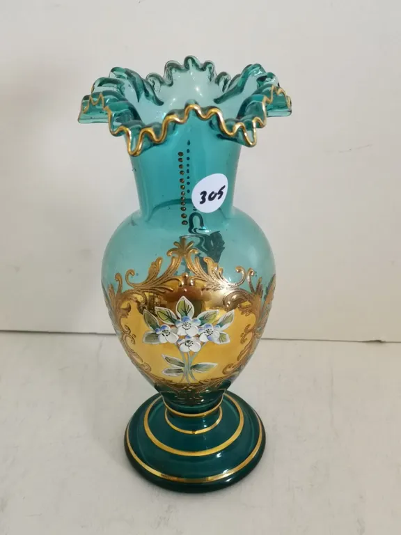 Vintage Teal & Gold Enamel Ruffled Glass Vase