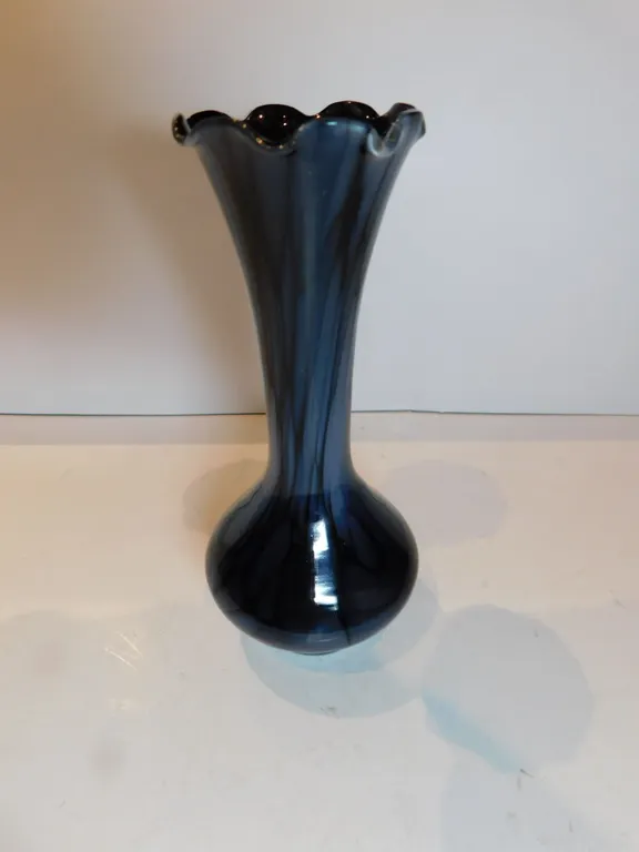 ART GLASS BLUE AND BLACK BUD VASE 6” TALL