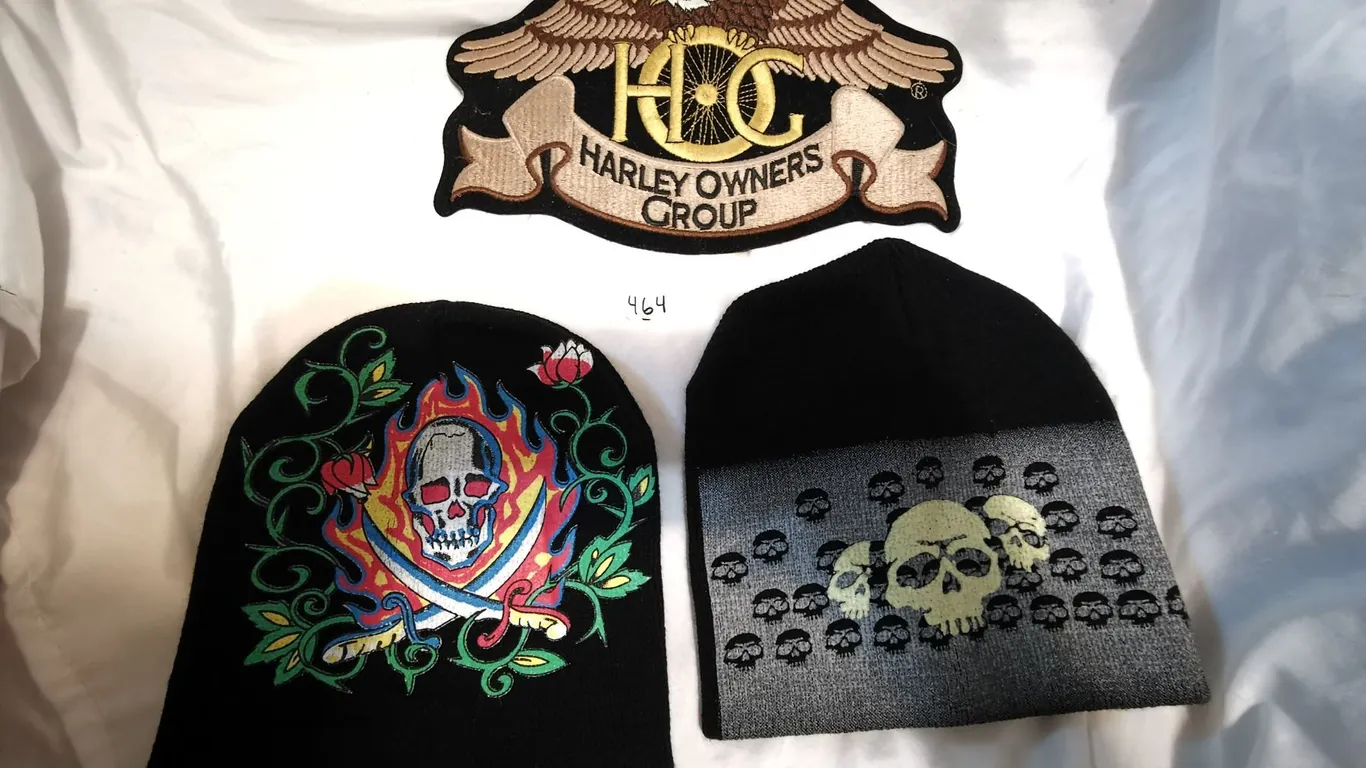 Two Skull Toques and Harley Patch
