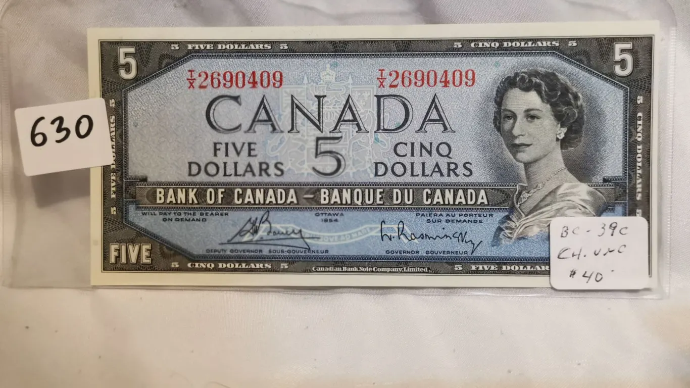 UNC 1954 $5 Bill, Bouey Rasminsky