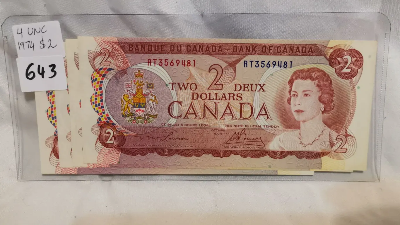 Four UNC 1974 $2 Bills