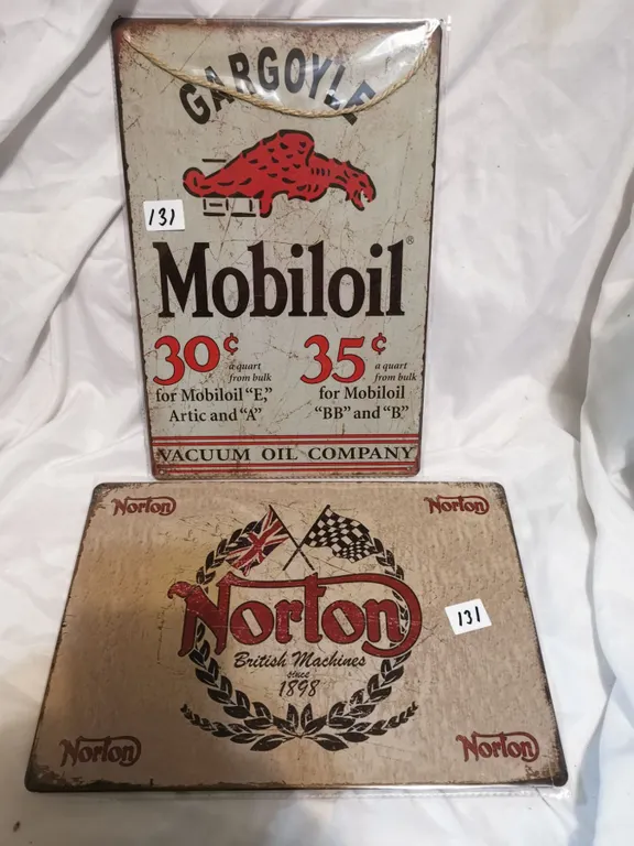 Mobil Oil and Norton Tin Signs