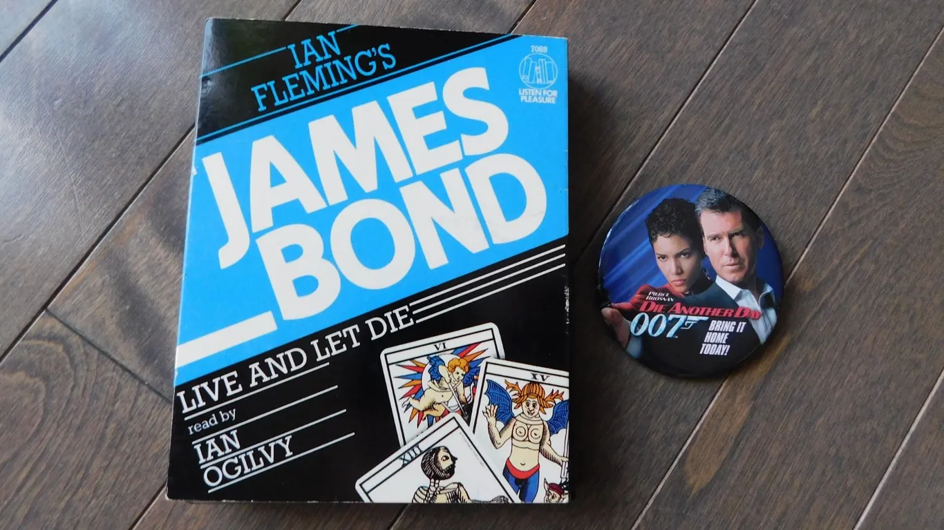 JAMES BOND, SPOKEN BOOK CASSETE AND PINBACK BUTTON