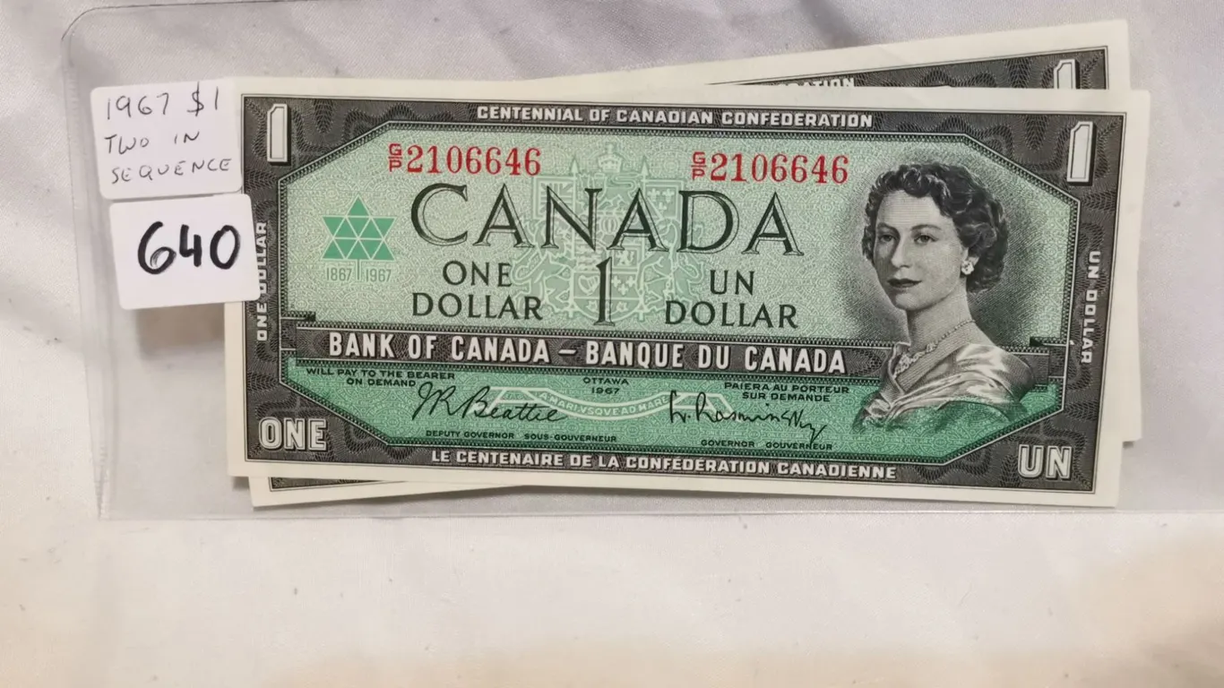 UNC Two 1967 $1 Bill with Serial Numbers in Sequence