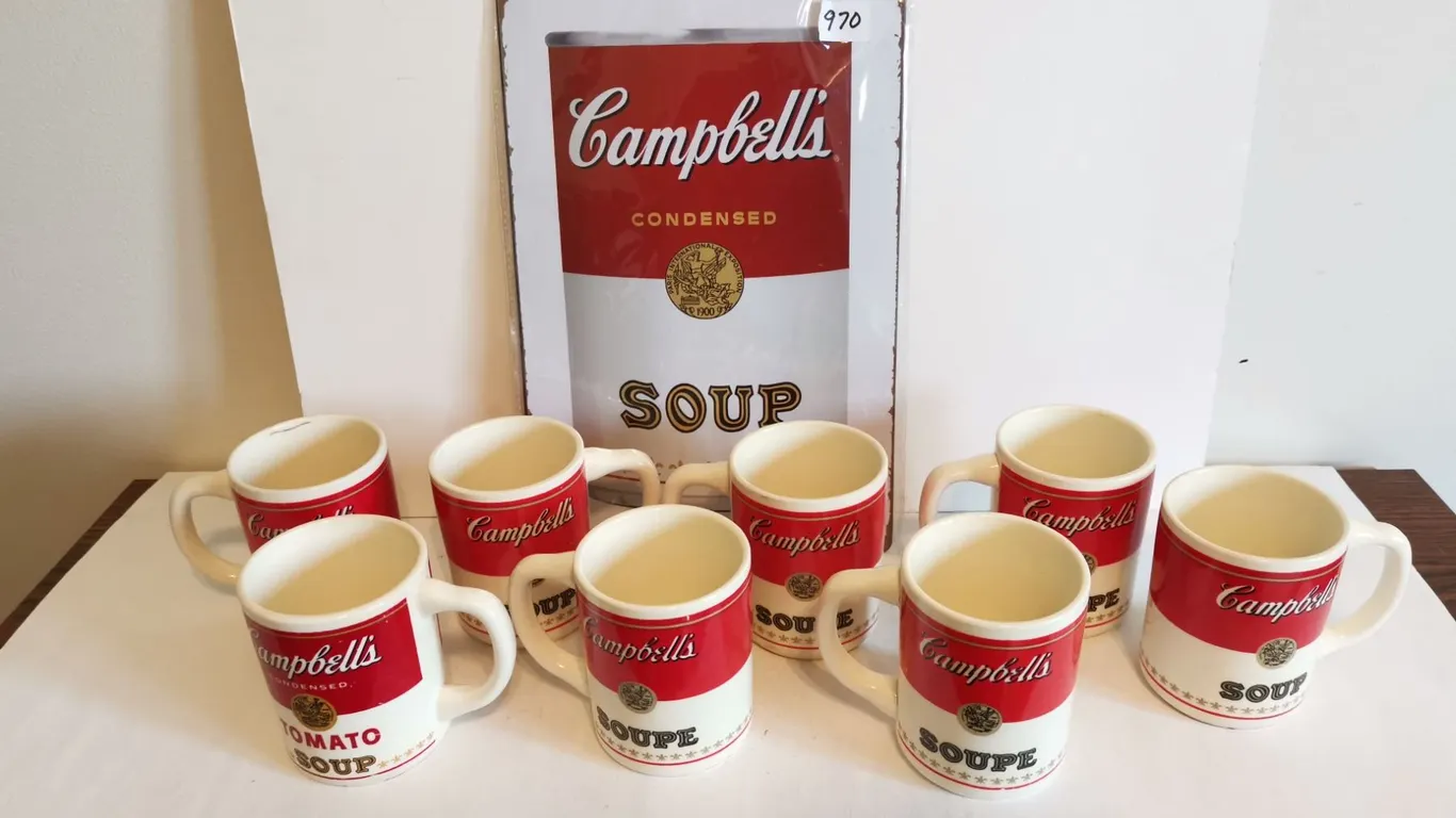 (8) Campbell’s Soup Cups & Campbell’s Soup Sign (8x12”)