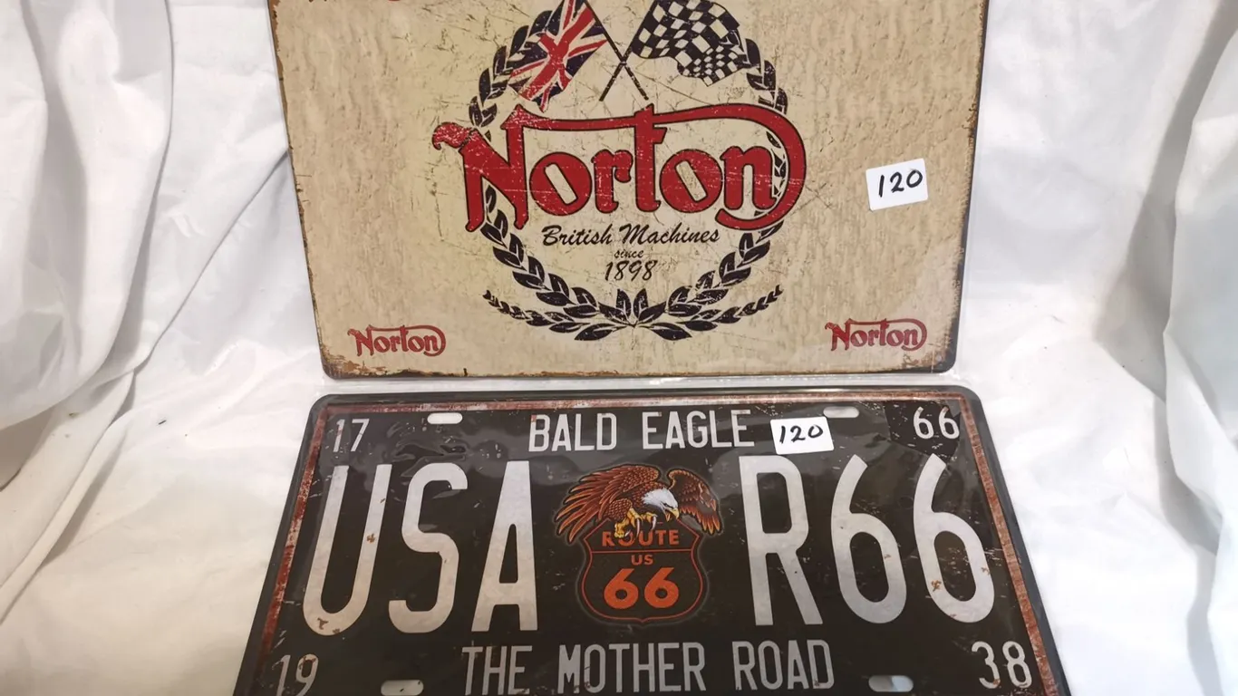 Norton Sign and Route 66 License Plate